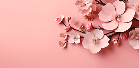 Branch of cherry or Sakura blossom isolated on pink background. Spring card