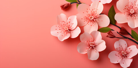 Branch of cherry or Sakura blossom isolated on pink background. Spring card