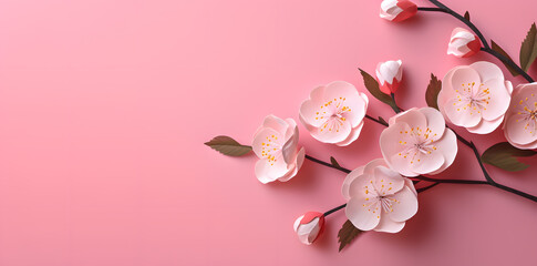 Branch of cherry or Sakura blossom isolated on pink background. Spring card