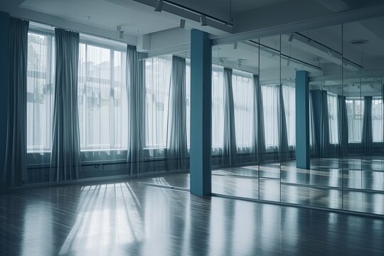 a spacious, well-lit space with vertical poles for dancing, substantial mirrors, and a window with drapes. Generative AI