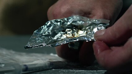 Drug addict burning heroin in foil - Powered by Adobe