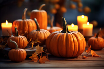 Orange pumpkins with candles on wooden table. Holiday autumn festival. Thanksgiving and harvest concept