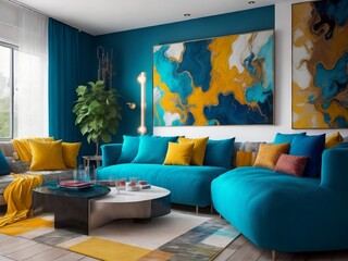 Vibrant living room as an artistic haven: AI art celebrating unique decor and creative individuality.