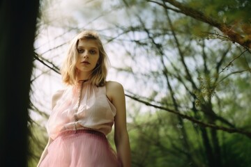 Naklejka premium Vintage portrait of a fictional woman model standing under a tree. Generative AI illustration.