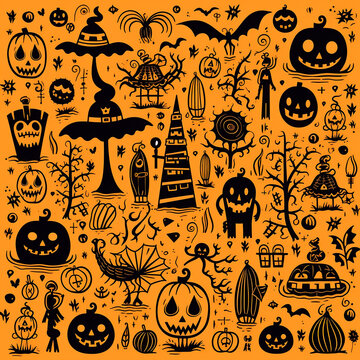 Halloween background orange and black, witches, spiders, pumpkins, bats, black cats, skulls, decoration holiday pattern