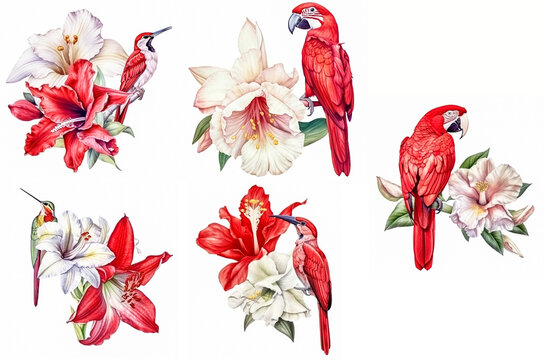 Set Parrots on isolated white background, bright bird watercolor painting, illustration