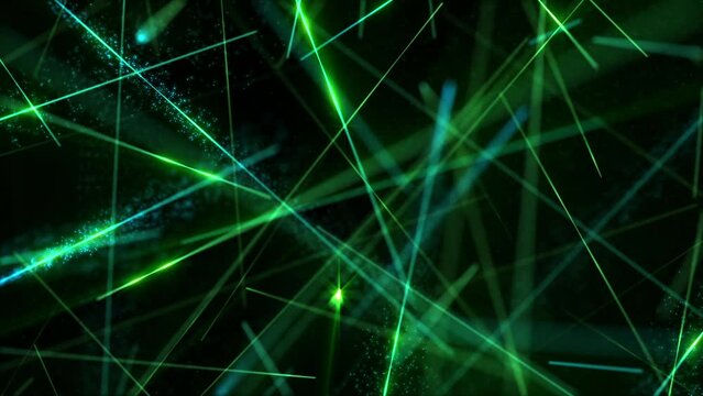 Glowing green and blue laser beams motion background with shiny exploding particles and flashing fast moving lasers. This science and technology background animation is full HD and a seamless loop.