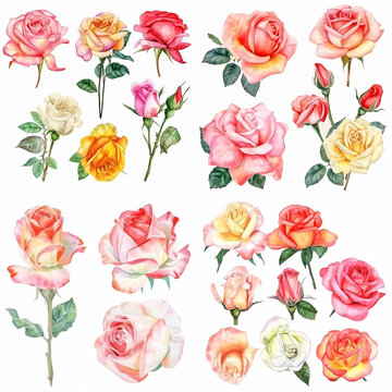 Watercolor Rose Flower Set: Realistic Floral Illustrations, Wallpaper, Greetings, Wallpapers, Fashion.