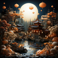 Photo painting of a mid autumn poster with a beautiful landscape and the moon