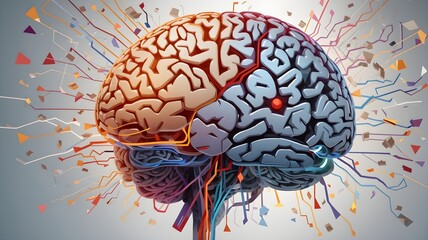 A surrealistic image of a brain, with a multitude of thoughts and ideas swirling around it, representing the complexity of ADHD, with a hint of focus in the background.