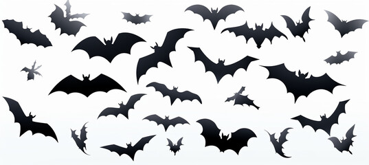 Flock of bats on white background, silhouette bats fly in the sky, halloween, AI Generation - obrazy, fototapety, plakaty