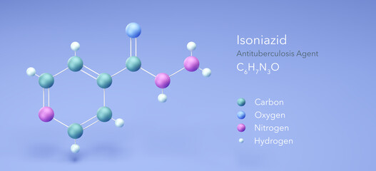 isoniazid molecule, molecular structures, antituberculosis agent, 3d model, Structural Chemical Formula and Atoms with Color Coding