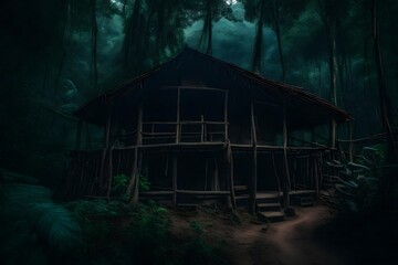 Empty Old hut in the jungle in darkness there is just a bed in inside it - AI Generative