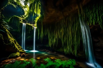 Sunlight filters through the lush canopy of an ancient rainforest, casting intricate patterns on the moss-covered cave walls and crystal-clear water below - AI Generative