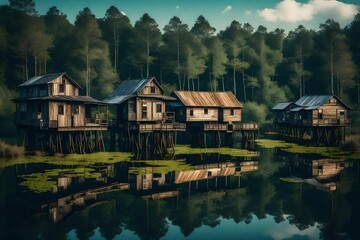 Fototapeta na wymiar Swamp houses on stilts, above the lake - AI Generative