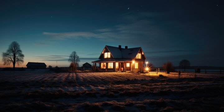 A house in the middle of a snowy field at night. AI.