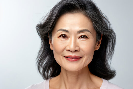 Asian beautiful gorgeous 50s mid aged mature woman looking at camera isolated on white. Mature old lady close up portrait. Healthy face skin care beauty. Generative Ai
