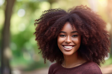 Beautiful african american girl with an afro hairstyle smiling. Generative Ai