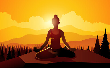 Silhouette of a woman doing yoga on mountain peak, vector illustration