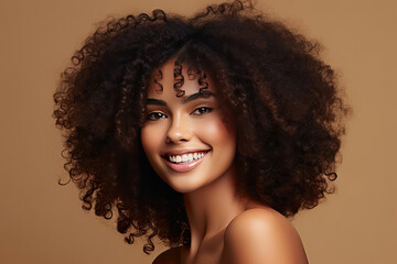 African american woman with clean healthy skin on beige background. Smiling dreamy beautiful afro girl. Generative Ai.