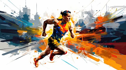 Running man. Marathon runner. People activity. Design for sport. Original acrylic painting background made with paint strokes.  Interior painting. Illustration for cover, poster or banner.