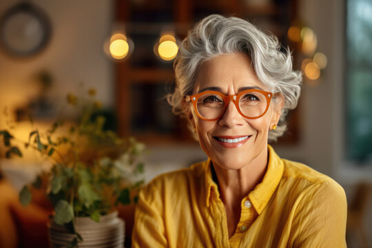 Happy Old Lady In Glasses Posing At Home Indoor, Positive Single Senior Retired Female Sitting On Sofa In Living Room. Generative Ai