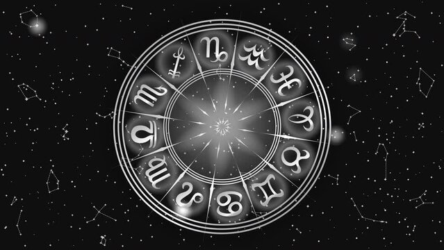 Animated Round Frame with Zodiac Sign. Black and White Horoscope Symbol. Panoramic Sky Map of Hemisphere. Bright Constellations on Starry Night Background. Loop Seamless Stock Footage. 3D Graphic