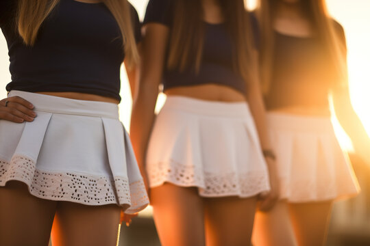 Close up of girls legs in white skirt on the beach at sunset