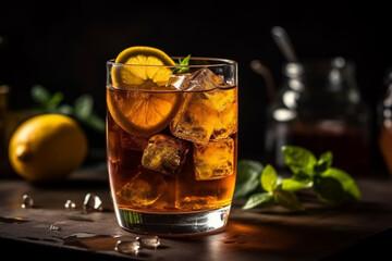 A refreshing glass of iced tea with lemon and mint garnish, Drinks, bokeh 