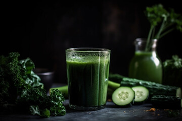 A healthy green juice with kale, cucumber, and celery, Drinks, bokeh 