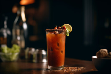 A spicy bloody mary with celery and bacon garnish, Drinks, bokeh 