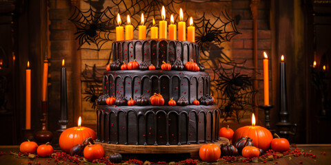 Halloween tiered cake dessert, brown, candles, pumpkins, spiderwebs, gourmet food, wide