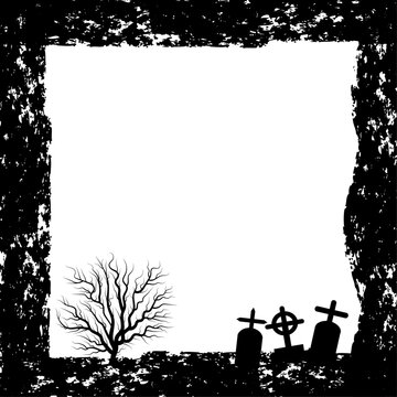 Black and white halloween frame with silhouettes of graves