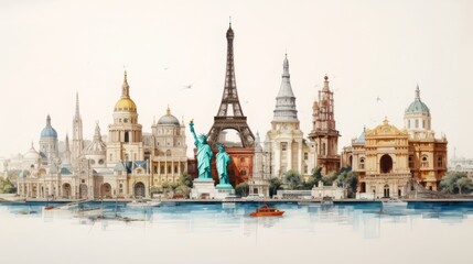 Fototapeta na wymiar Realistic drawing of the most important landmarks of all countries on earth 16:9 copy space