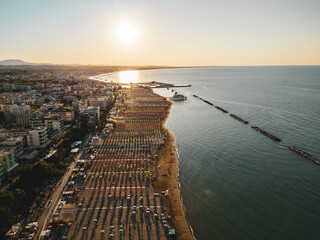 Italy, August 2023 - aerial view of Gabicce Mare and the Romagna coast with Cattolica,  Misano, Riccione and Rimini