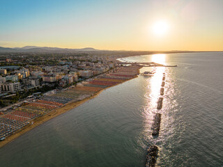 Italy, August 2023 - aerial view of Gabicce Mare and the Romagna coast with Cattolica,  Misano, Riccione and Rimini
