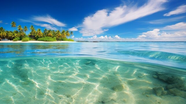 sandy tropical beach, with an idyllic island in the background. Emphasize the intricate textures of the soft, sun-kissed sand, the crystal-clear turquoise waters gently lapping the shore. 16:9