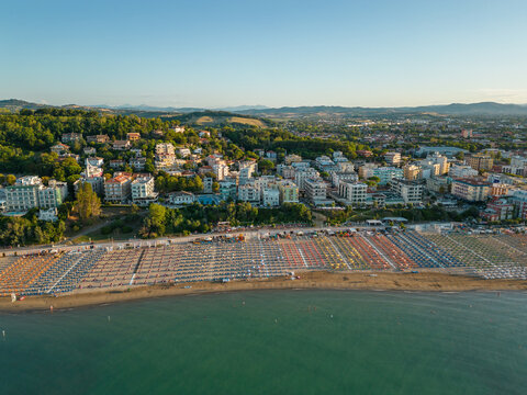 Italy, August 2023 - aerial view of Gabicce Mare and the Romagna coast with Cattolica,  Misano, Riccione and Rimini