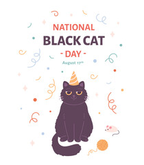 National Black Cat Day. Cute cat in party hat. Celebration, holiday, domestic cat. Vector illustration in flat style