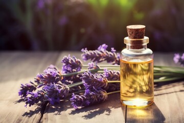 Obraz na płótnie Canvas Aromatherapy Bliss Lavender Essential Oil with Twigs and Flowers. Generative Ai