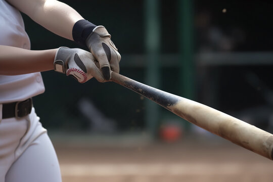 Baseball player swinging a bat in a baseball game on a sunny day.