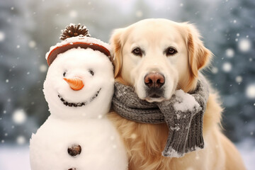 Cute dog and snowman in winter park on snowfall background