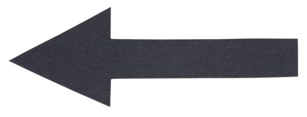 Black paper cardboard arrow symbol or left direction sign isolated on white or transparent background with copy space for text
