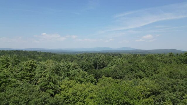 aerial view of catskills mountains in new york state (drone footage from above pan, panning, turning) 4k, 30fps (trees, hills, sky, clouds, sunset, sunrise) nature, beauty, new paltz, 360, side shot