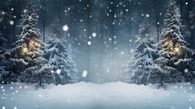 A photorealistic image of a snow-covered forest with a Christmas tree in the center, framed with glowing garlands and negative space for text. Christmas, new year card. Generative AI. 