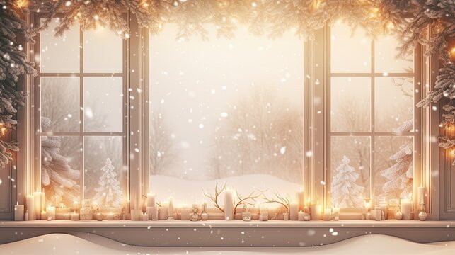 An elegant and minimalistic scene of a snowy window frame with a wreath, showcasing a snowy outdoor view, offering negative space for text. Christmas card. Wallpaper texture. Generative AI. 