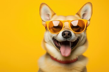 A Dog Wearing Yellow Sunglasses And A Red Collar. Dog Accessories, Eye Protection, Fashionable Pets, Outdoor Safety, Dress Up Your Pet, Product Recommendations, Pet Health, Animal Photography