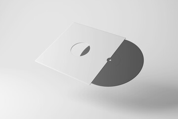 Vinyl in a vinyl sleeve floating in mid air on white background in monochrome and minimalism. Illustration of the concept of classical music and antique musical players