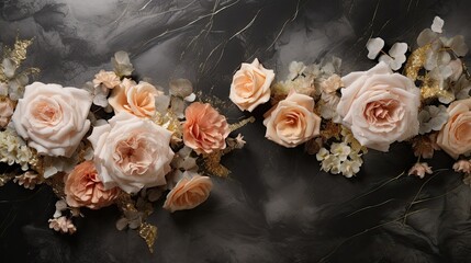 Obraz na płótnie Canvas A captivating top view of a dark marble backdrop embellished with golden swirls, accentuated by a graceful arrangement of soft peach roses and golden ranunculus. Wedding, wallpaper. Generative AI. 