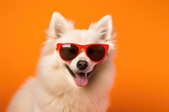 Portrait American Eskimo Dog Dog With Sunglasses Orange Background . Portrait American Eskimo Dog, Dog With Sunglasses, Orange Background, Animals In Clothing, Creative Photo Ideas, Shade Of Orange